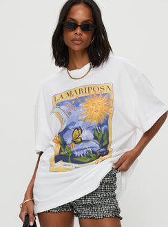 front view of model wearing Princess Polly Tarot Card Graphic Top White / Multi Half Sleeves Crew Neck 