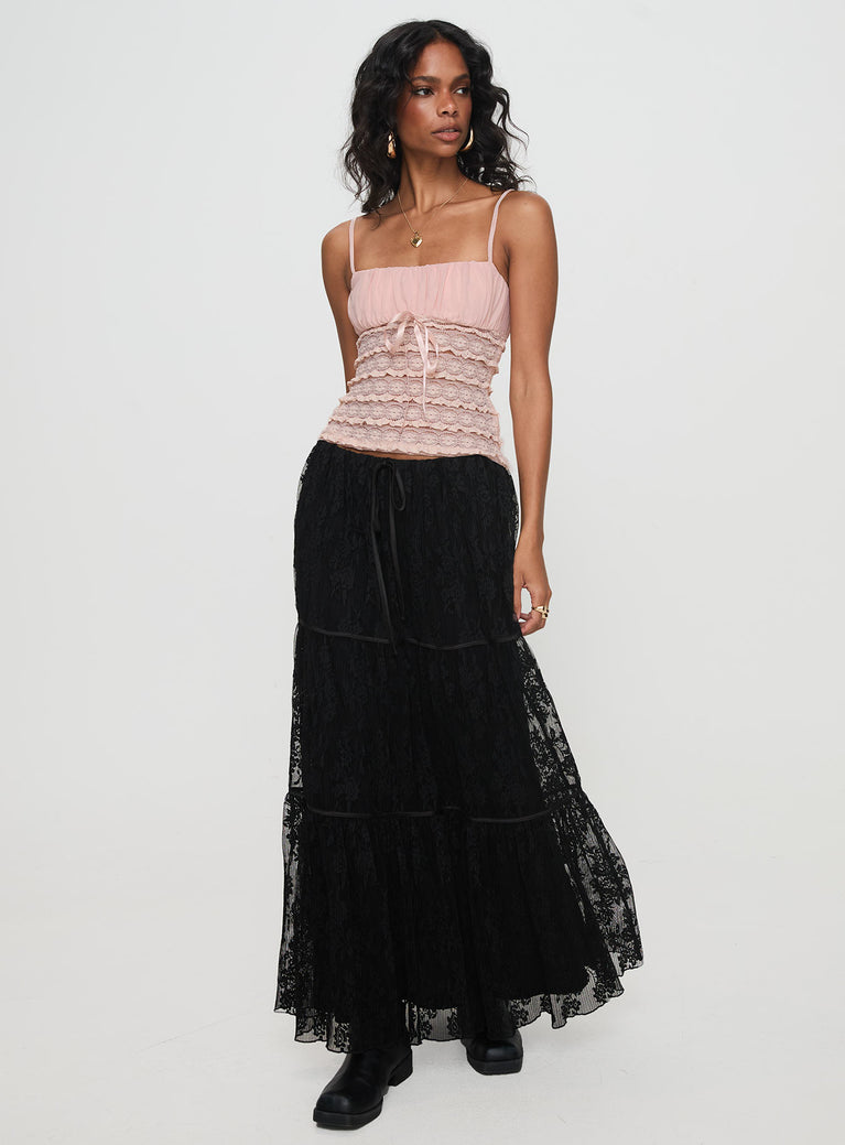   front view of model wearing Princess Polly Oh Plisse Maxi Skirt Black Maxi 