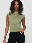 front view of model wearing Princess Polly Musia Cowl Neck Top Green Sleeveless Asymmetric Neckline 