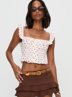 front view of model wearing Princess Polly Isadoria Frill Top White / Red Polka Sleeveless Square Neck 