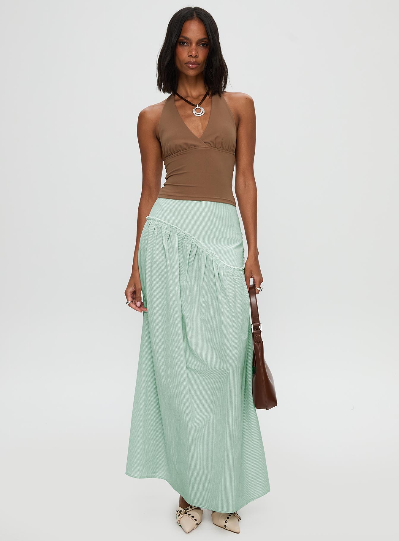   front view of model wearing Princess Polly Yasemine Maxi Skirt Green / White Maxi 