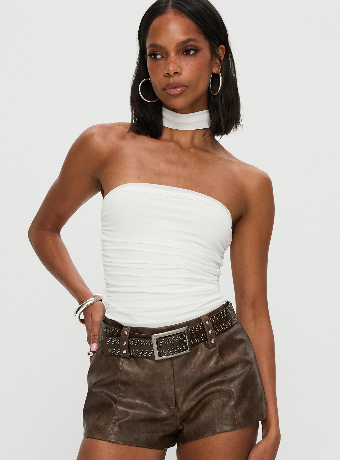 front view of model wearing Princess Polly Sorelle Scarf Bodysuit White Sleeveless 