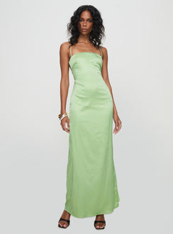 back view of model wearing Princess Polly Roselyn Maxi Dress Sage Square Neck 