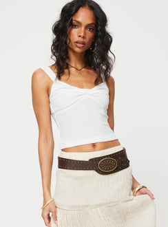 Front view of model wearing  front Princess Polly Sleeveless Asymmetric Neckline  Dalan Top Ivory