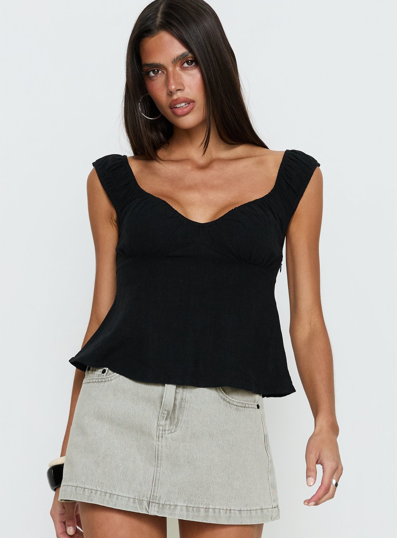 With Pleasure Puff Sleeve Linen Blouse Top Black