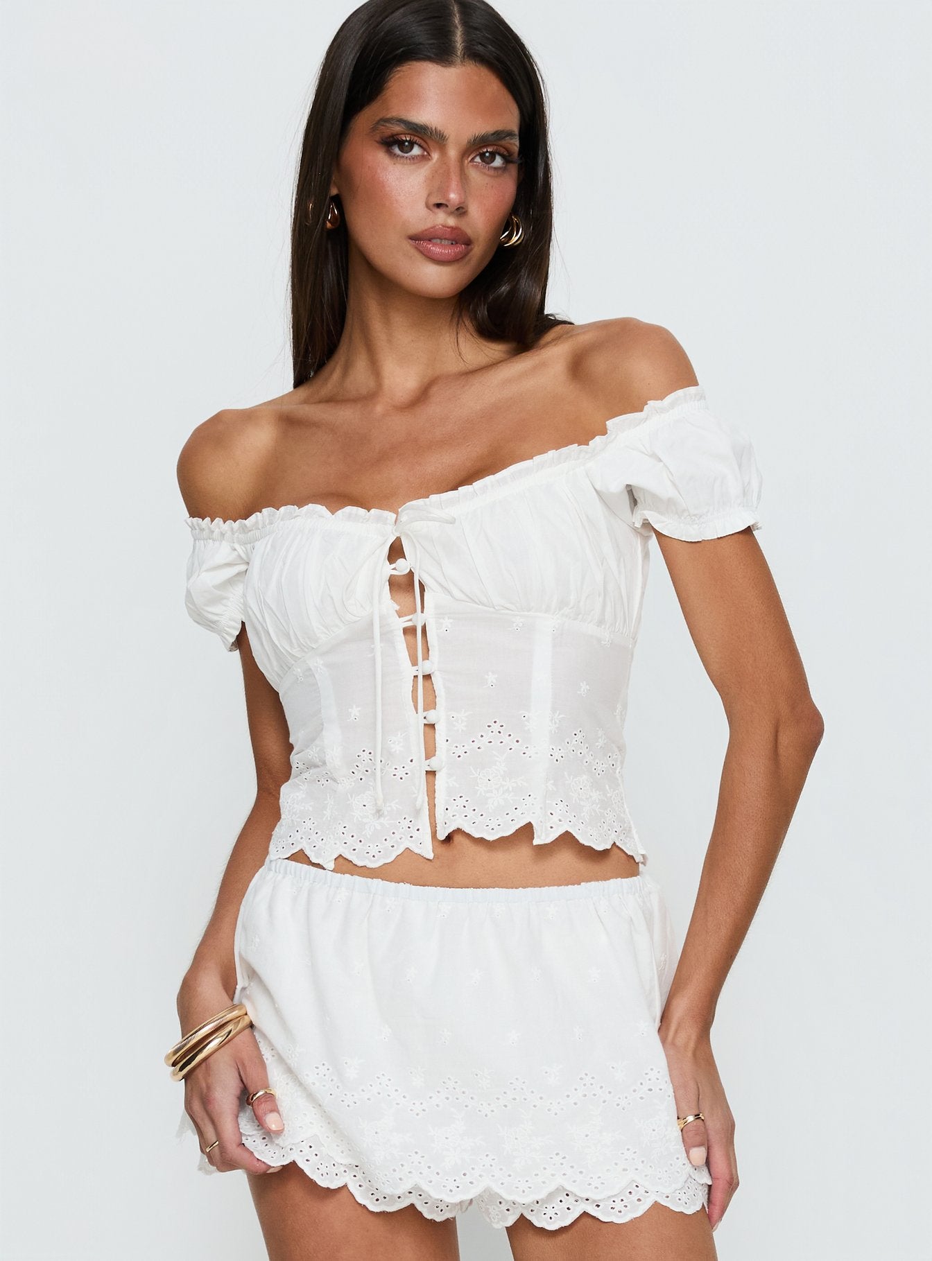 Twin Spirit Off Shoulder Broderie Top White