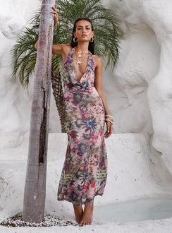side view of model wearing Princess Polly Cassiday Halter Maxi Dress Multi Plunger 