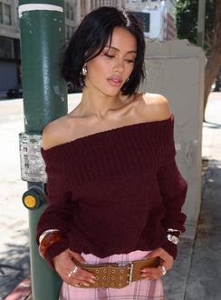 Parkley Boucle Off The Shoulder Sweater Burgundy