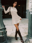 front view of model wearing Princess Polly Mayok Long Sleeve Mini Dress Cream High Neck 