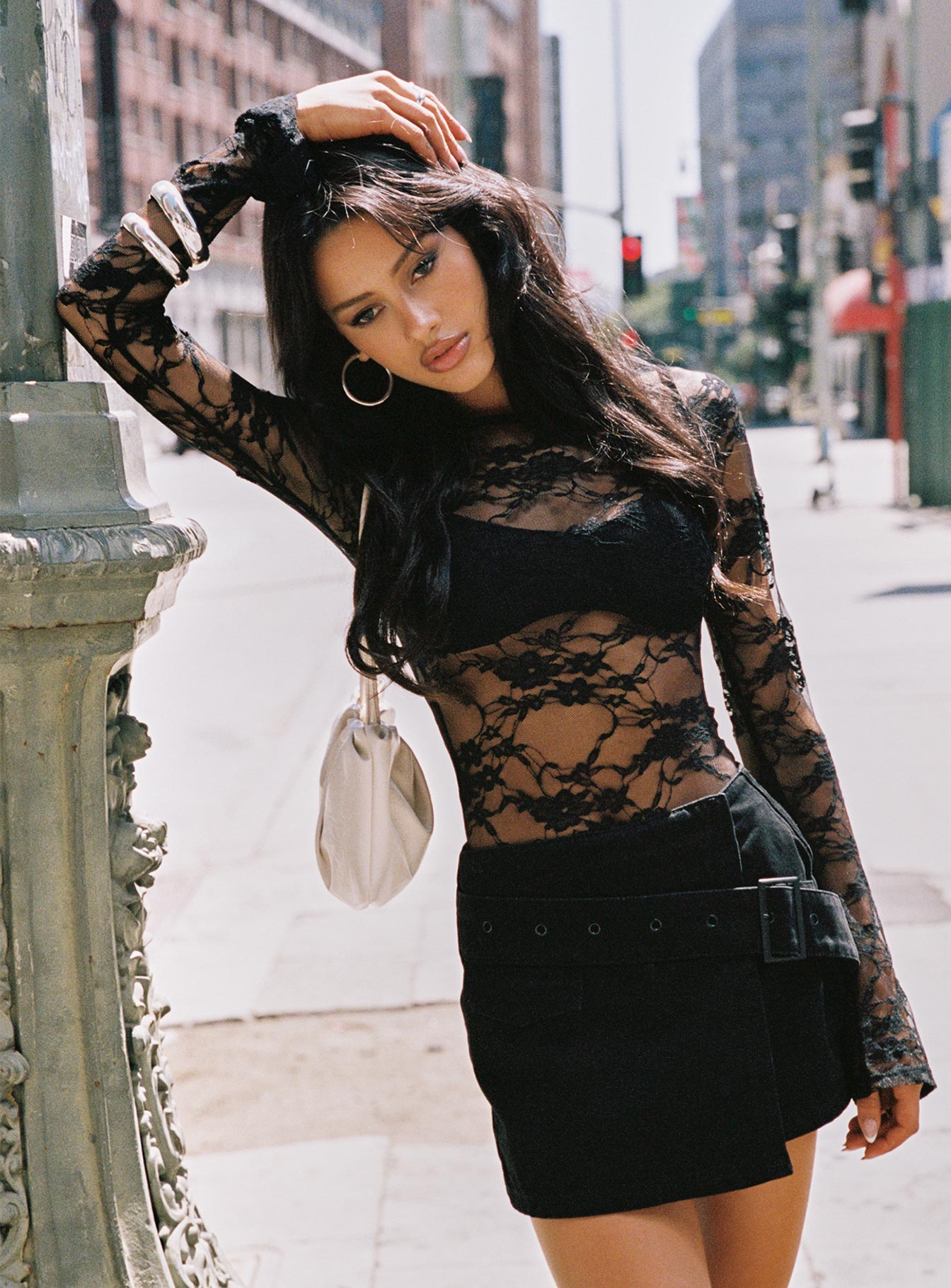 front view of model wearing Princess Polly Feelix Long Sleeve Lace Bodysuit Black Long Sleeve Tops 