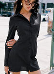 front view of model wearing Princess Polly Dial Tone Long Sleeve Mini Dress Black Pinstripe V-Neck 