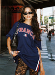 front view of model wearing Princess Polly Goal France Oversized Tee Blue Half Sleeves Crew Neck 