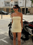 front view of model wearing Princess Polly Savins Strapless Mini Dress Yellow Straight Neck 