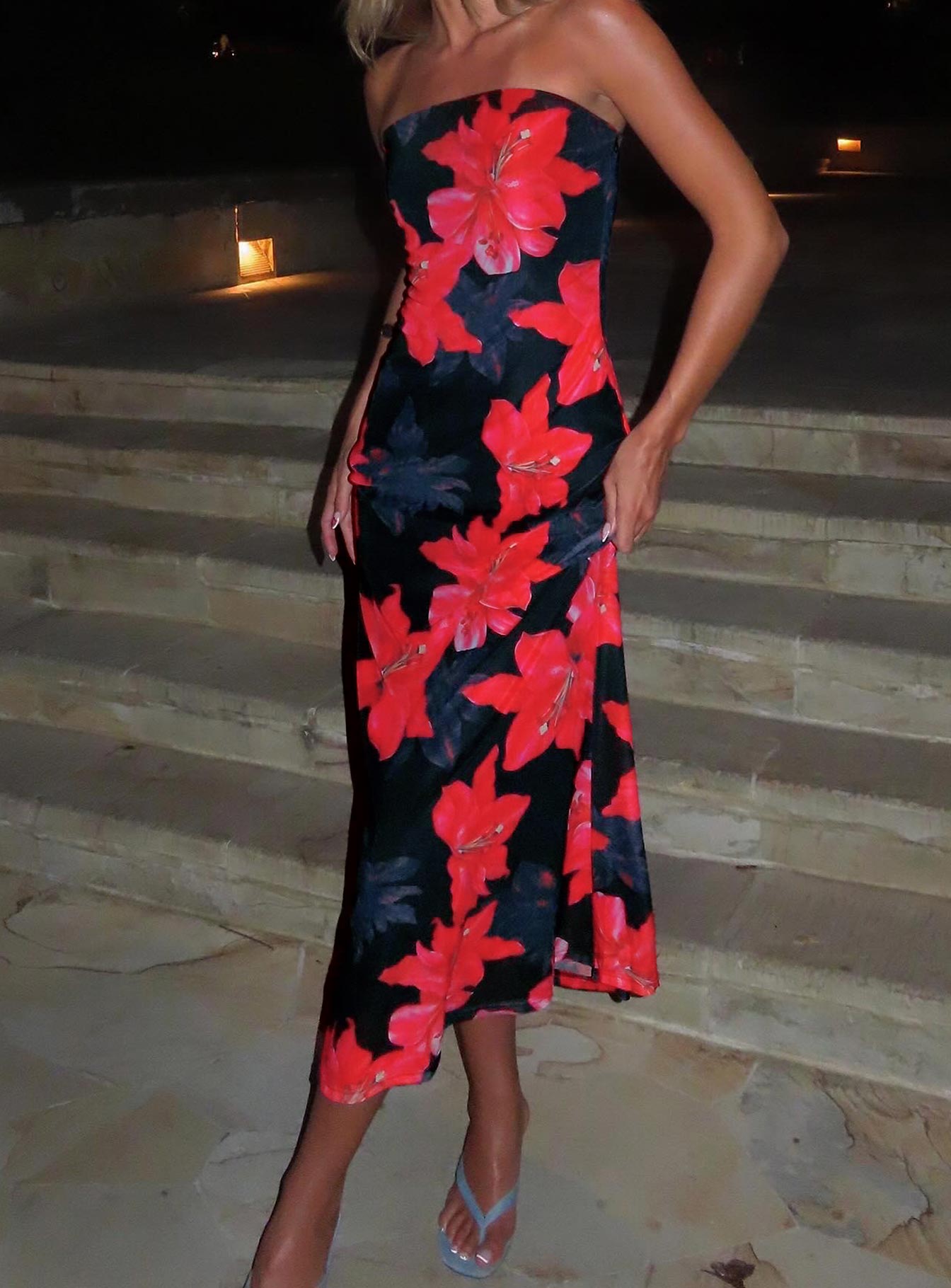 front view of model wearing Princess Polly Celik Strapless Maxi Dress Black / Floral Straight Neck 