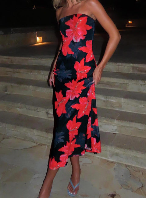 front view of model wearing Princess Polly Celik Strapless Maxi Dress Black / Floral Straight Neck 