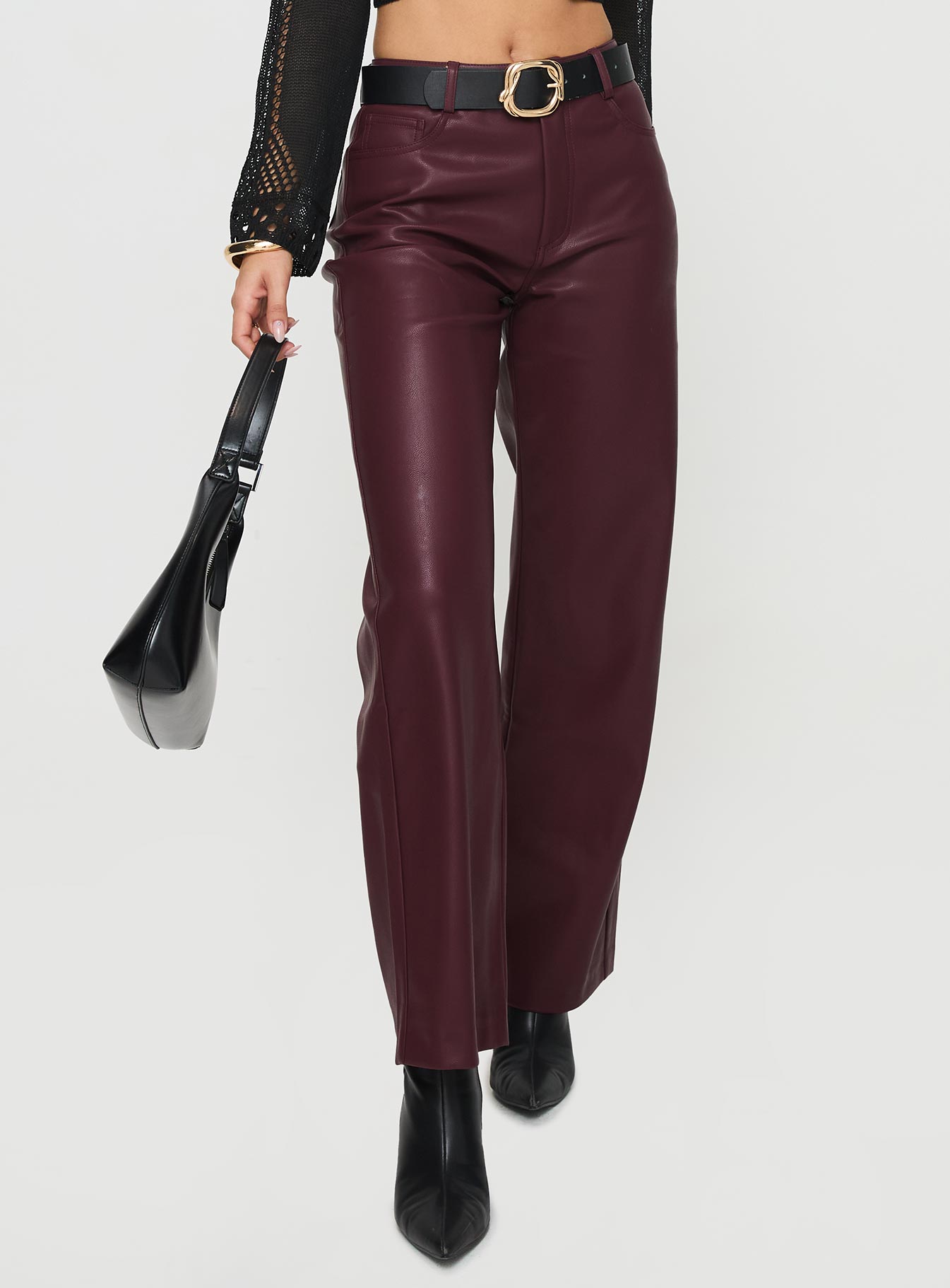 back view of model wearing Princess Polly Dempsey Faux Leather Pants Deep Cherry High Waisted Pants 