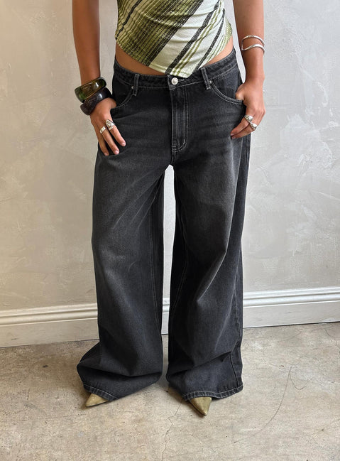 back view of model wearing Princess Polly Naylor Wide Leg Jeans Grey Wash Low Rise Jeans 