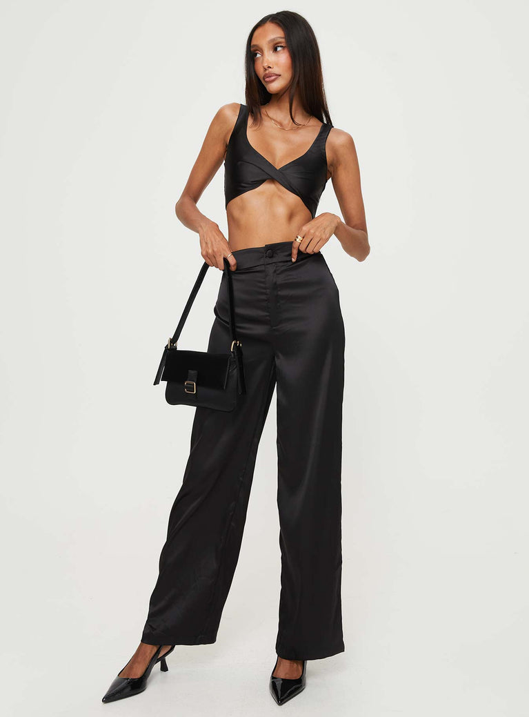 Black Matching satin set Crop top, shirred back, invisible zip fastening at side, fixed shoulder straps High-rise pants, elasticated waistband, wide leg, zip and button fastening