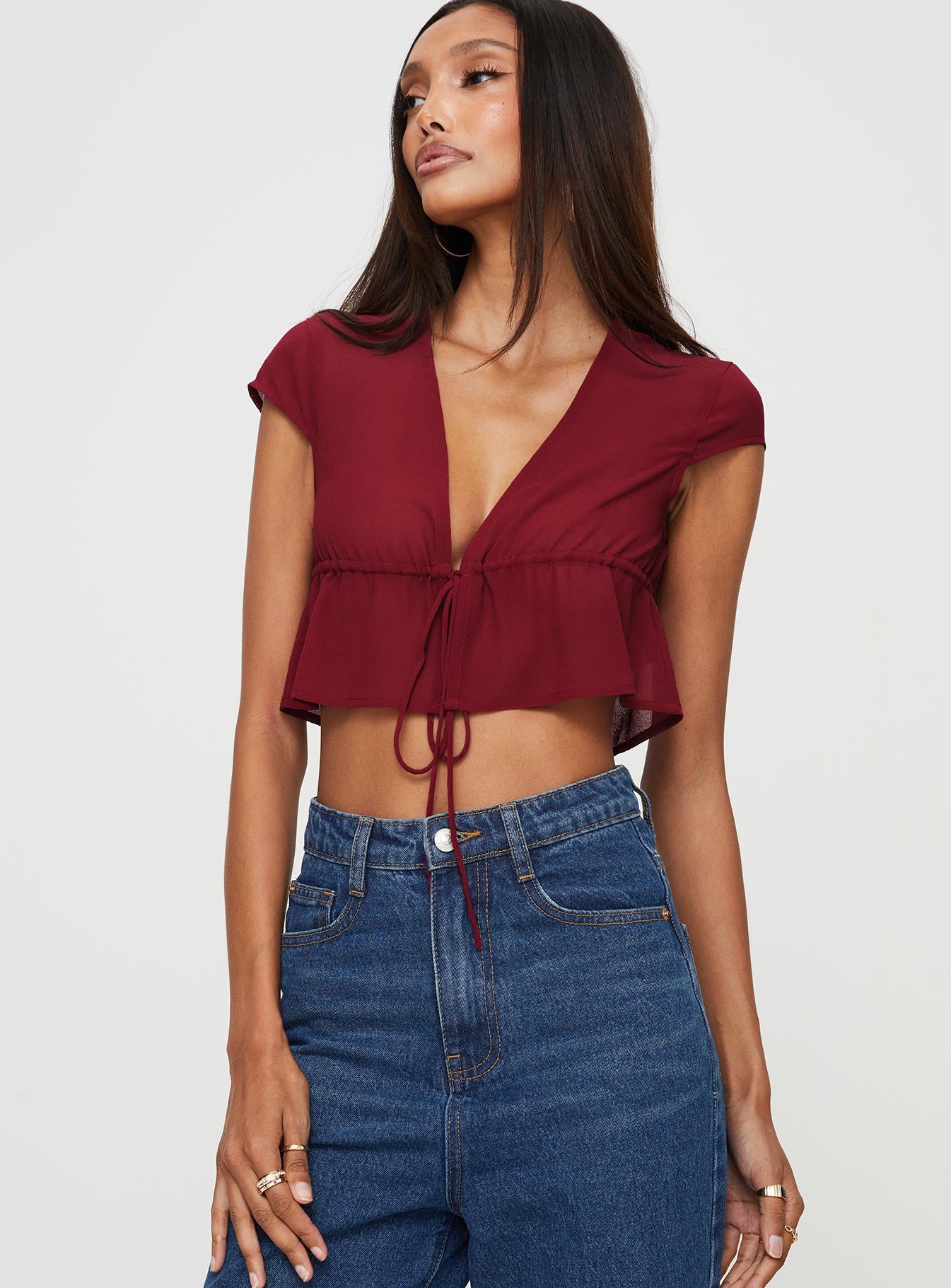 Front view of model wearing  front Princess Polly Short Sleeves Square Neck  Fazio Top Maroon