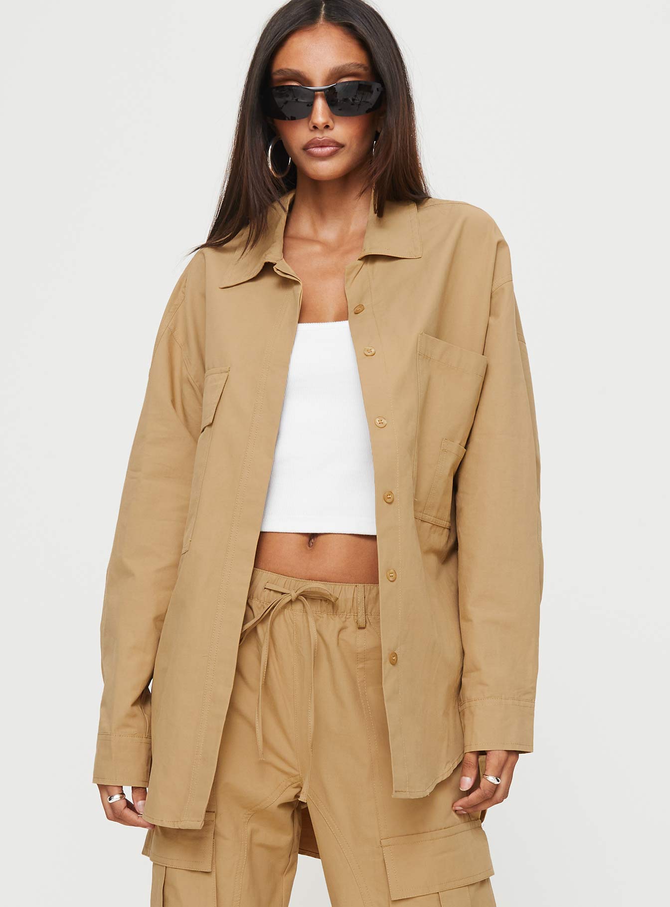 Caramel Cargo shacket Relaxed fit, classic collar, three pocket design, drop shoulder, single button cuff, button down fastening at front