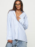 Front view of model wearing  front Princess Polly Full Sleeves V-Neck  Laverne Stripe Shirt Blue / White