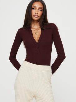 front view of model wearing Princess Polly Kandis Long Sleeve Bodysuit Burgundy Long Sleeve Tops 