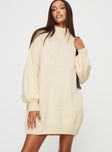 Front view of model wearing  front Princess Polly High Neck  Davitian Sweater Mini Dress Beige