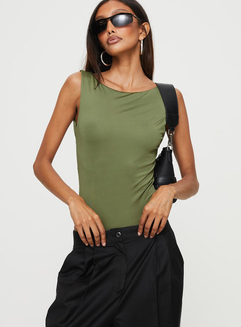front view of model wearing Princess Polly Coomba Backless Bodysuit Green Sleeveless Boat Neck 