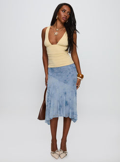  front view of model wearing Princess Polly Summer Rain Asymmetrical Midi Skirt Blue Midi Skirts 