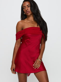 front view of model wearing Princess Polly Adoration Mini Dress Red Straight Neck 