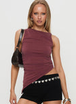 back view of model wearing Princess Polly Azera Cupro Top Burgundy Sleeveless Crew Neck 