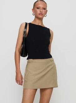   side view of model wearing Princess Polly Hosier Twill Mini Skirt Taupe Mini Skirts 