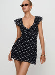 front view of model wearing Princess Polly I Guess So Mini Dress Black Polka Dot V-Neck 