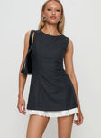 front view of model wearing Princess Polly Players Pleat Mini Dress Charcoal Crew Neck 