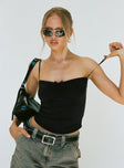 front view of model wearing Princess Polly Vihaan Top Black Sleeveless Sweetheart 