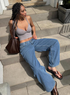 front view of model wearing Princess Polly Maryanne Mid-rise Relaxed Denim Jeans Mid Wash Denim Tall Mid Rise 
