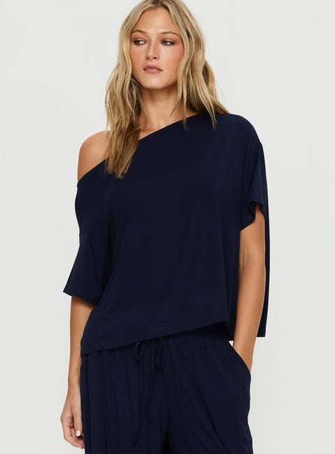 Cozy Hour Sleep Relaxed Off Shoulder Top Navy