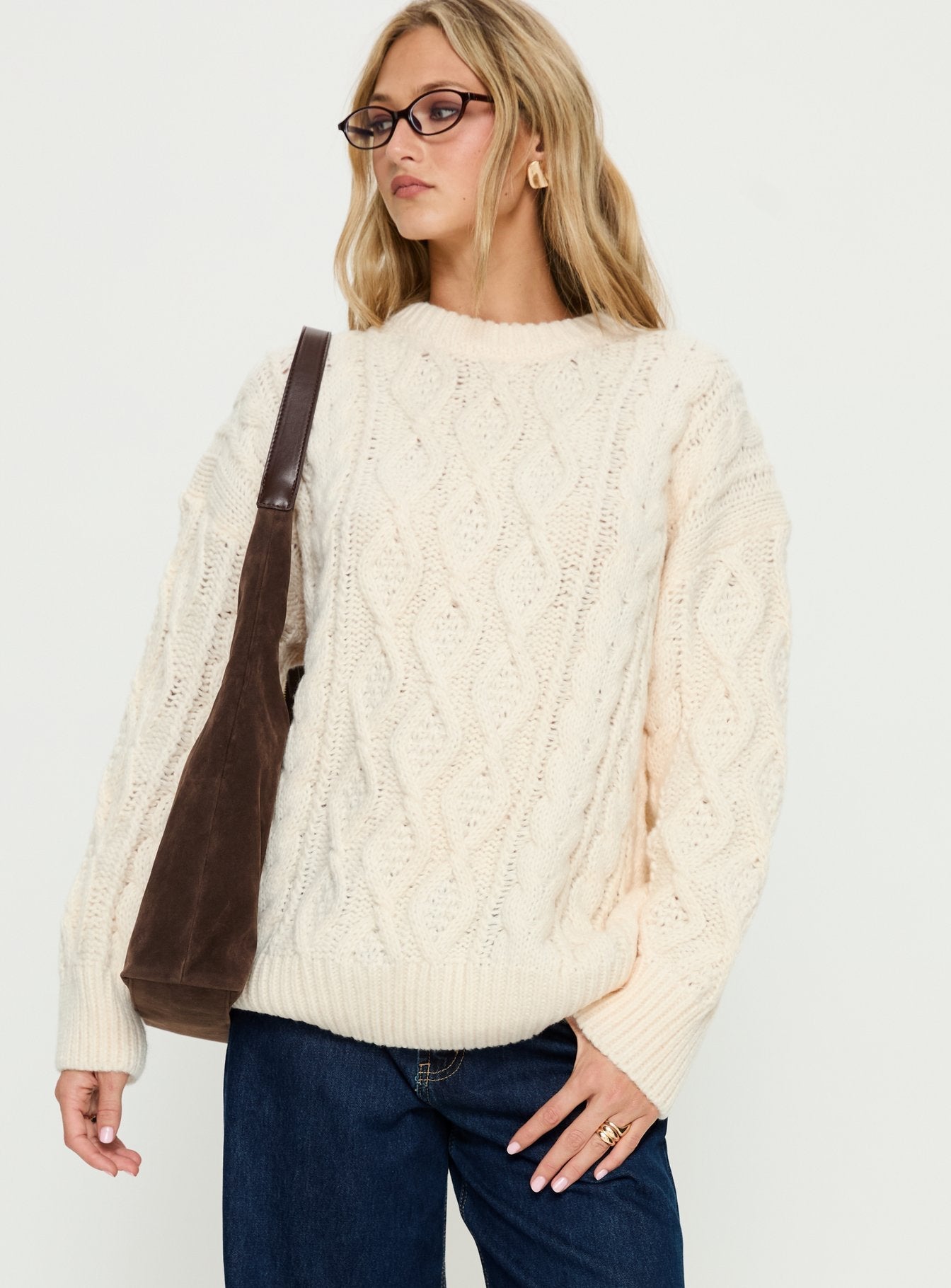 front view of model wearing Princess Polly Rorey Cable Knit Crew Neck Sweater White Longline Jumpers 