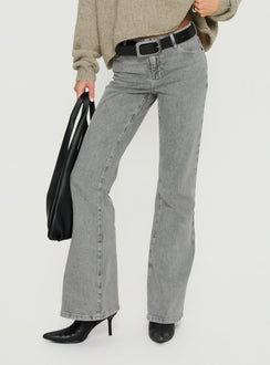 back view of model wearing Princess Polly Magic Mirror Mid Rise Bootleg Jeans Washed Grey Mid Rise Jeans 