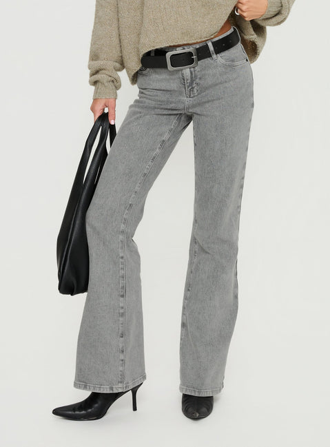 back view of model wearing Princess Polly Magic Mirror Mid Rise Bootleg Jeans Washed Grey Mid Rise Jeans 