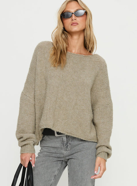 front view of model wearing Princess Polly Ramy Wide Neck Knit Sweater Olive Cropped Jumpers 