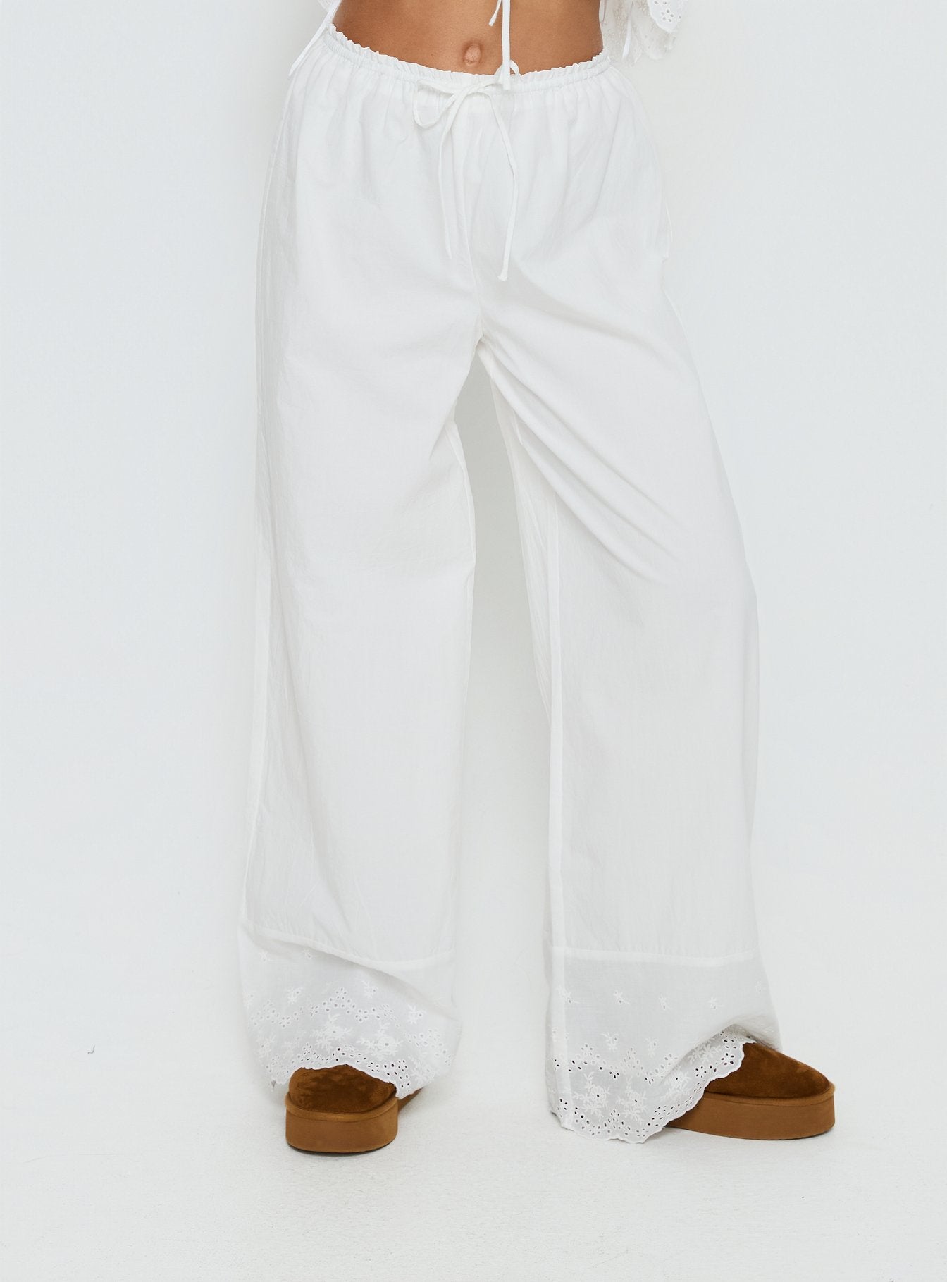 Kissed Chaos Broderie Anglais Tie Waist Trousers White