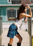 back view of model wearing Princess Polly Mika Carpenter Denim Shorts Mid Wash High Waisted Shorts 