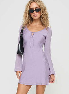 front view of model wearing Princess Polly Sorrento Long Sleeve Mini Dress Purple Scoop Neck 