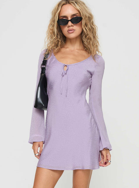front view of model wearing Princess Polly Sorrento Long Sleeve Mini Dress Purple Scoop Neck 
