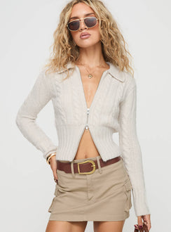 front view of model wearing Princess Polly Jeller Zip Front Knit Sweater Beige Cropped 