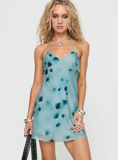 front view of model wearing Princess Polly Noe Mini Dress Blue V-Neck 