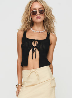 side view of model wearing Princess Polly Myall Top Black Sleeveless Square Neck 