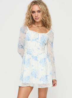 back view of model wearing Princess Polly Robertstone Long Sleeve Mini Dress White / Blue Floral Square Neck 