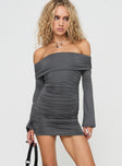Grey off the shoulder Folded neckline, inner silicone strip at bust, ruching at sides